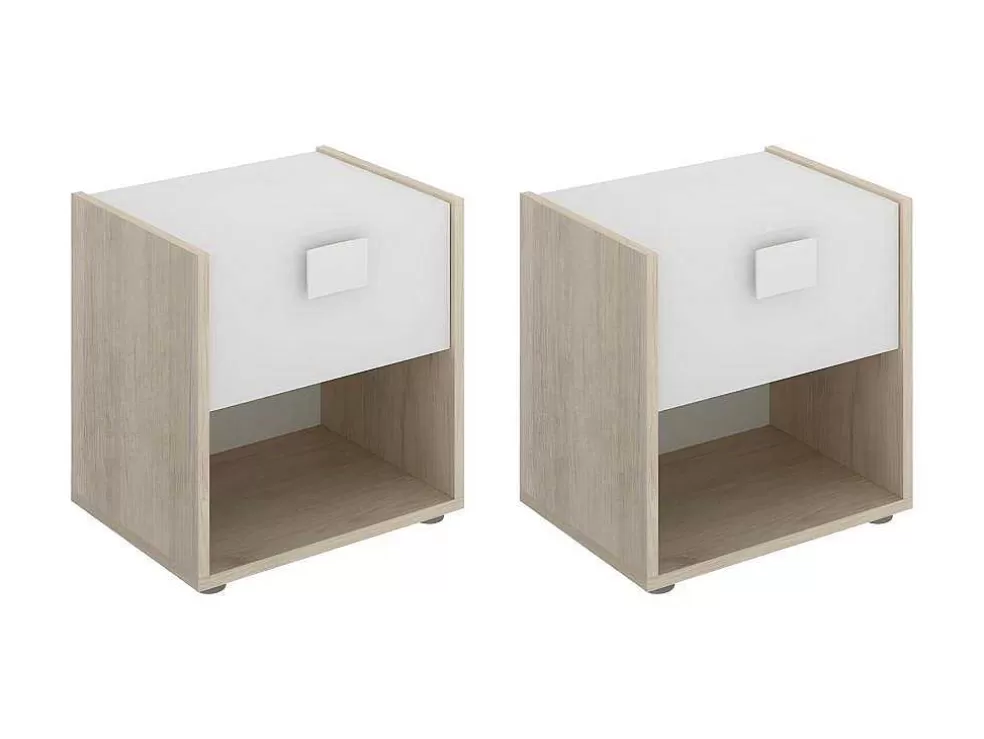 Vente-unique Conjunto De 2 Mesas De Cabeceira Com 1 Gaveta E 1 Prateleira Cor Natural E Branco - Sonia* Móvel Para Quarto De Crianças