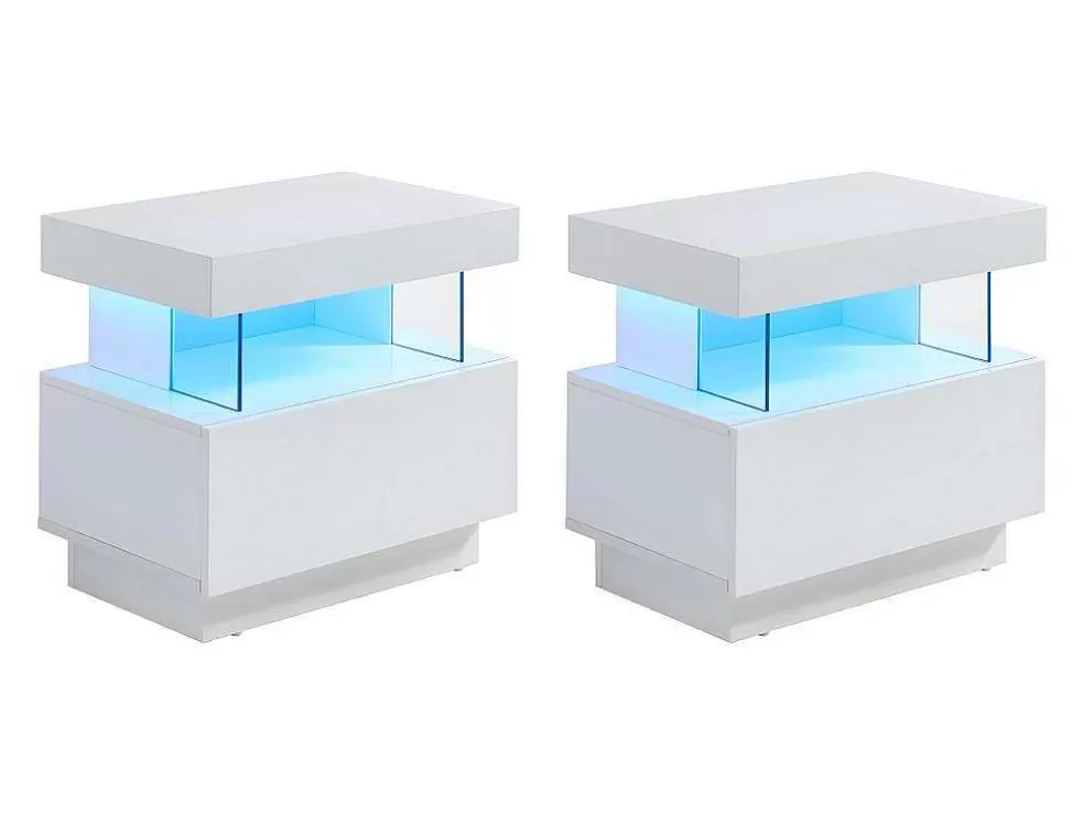 Vente-unique Conjunto De 2 Mesas De Cabeceira Com 1 Gaveta E 1 Prateleira, Leds, Mdf Lacado A Branco - Fabio Ii* Mesa De Cabeceira