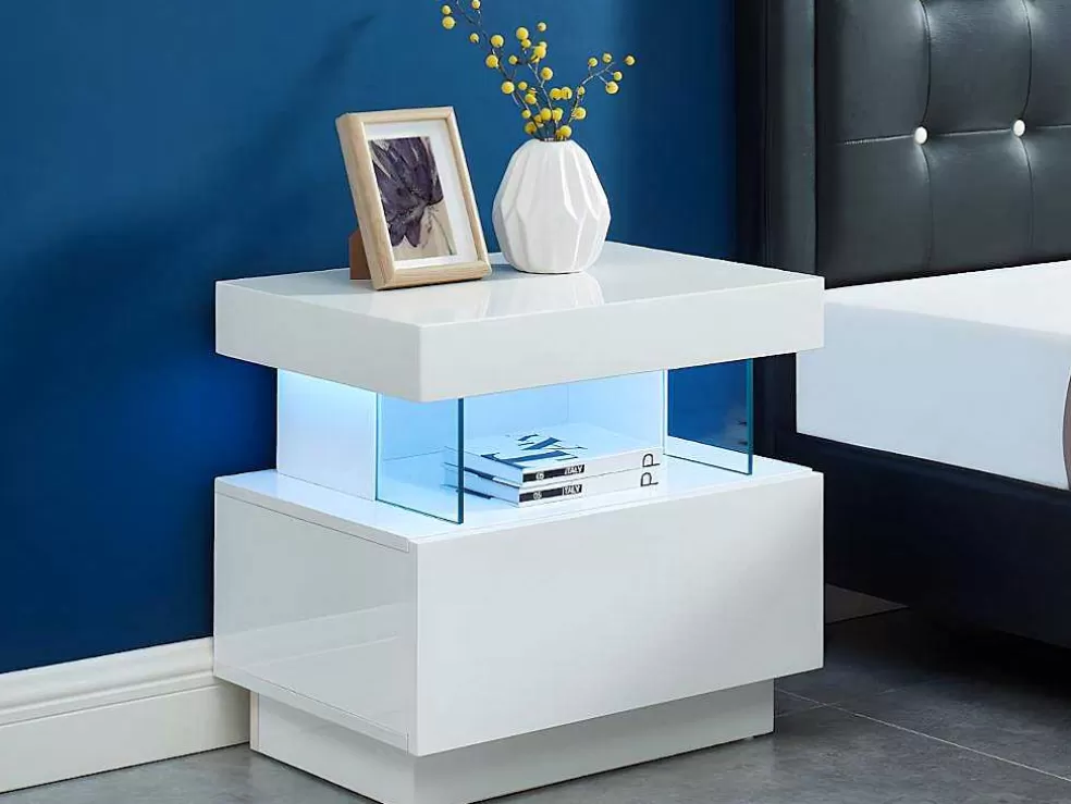 Vente-unique Conjunto De 2 Mesas De Cabeceira Com 1 Gaveta E 1 Prateleira, Leds, Mdf Lacado A Branco - Fabio Ii* Mesa De Cabeceira