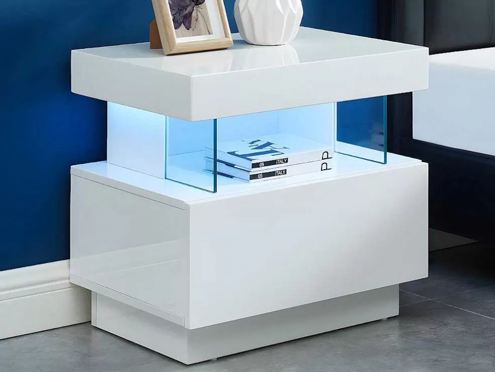 Vente-unique Conjunto De 2 Mesas De Cabeceira Com 1 Gaveta E 1 Prateleira, Leds, Mdf Lacado A Branco - Fabio Ii* Mesa De Cabeceira