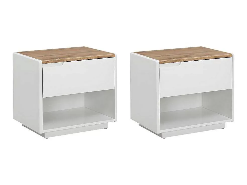 Vente-unique Conjunto De 2 Mesas De Cabeceira Com 1 Gaveta E 1 Prateleira Mdf Lacado A Branco E Carvalho - Amani* Mesa De Cabeceira
