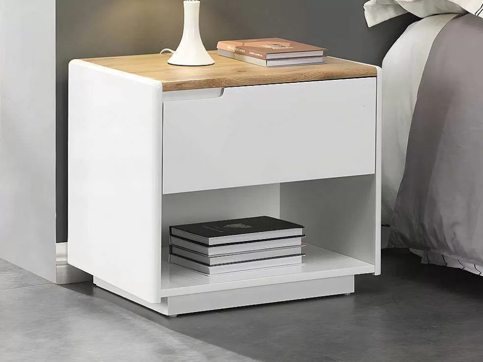 Vente-unique Conjunto De 2 Mesas De Cabeceira Com 1 Gaveta E 1 Prateleira Mdf Lacado A Branco E Carvalho - Amani* Mesa De Cabeceira