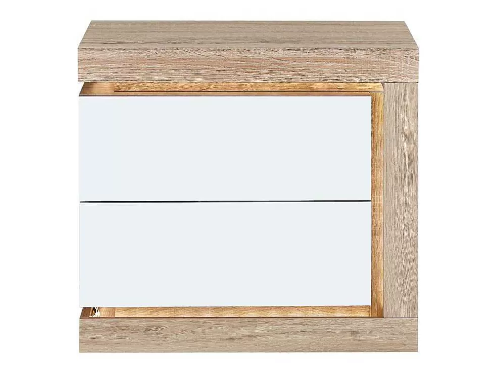 Vente-unique Conjunto De 2 Mesas De Cabeceira Com 2 Gavetas, Com Leds, Lacado A Branco E Natural - Flarancia* Mesa De Cabeceira