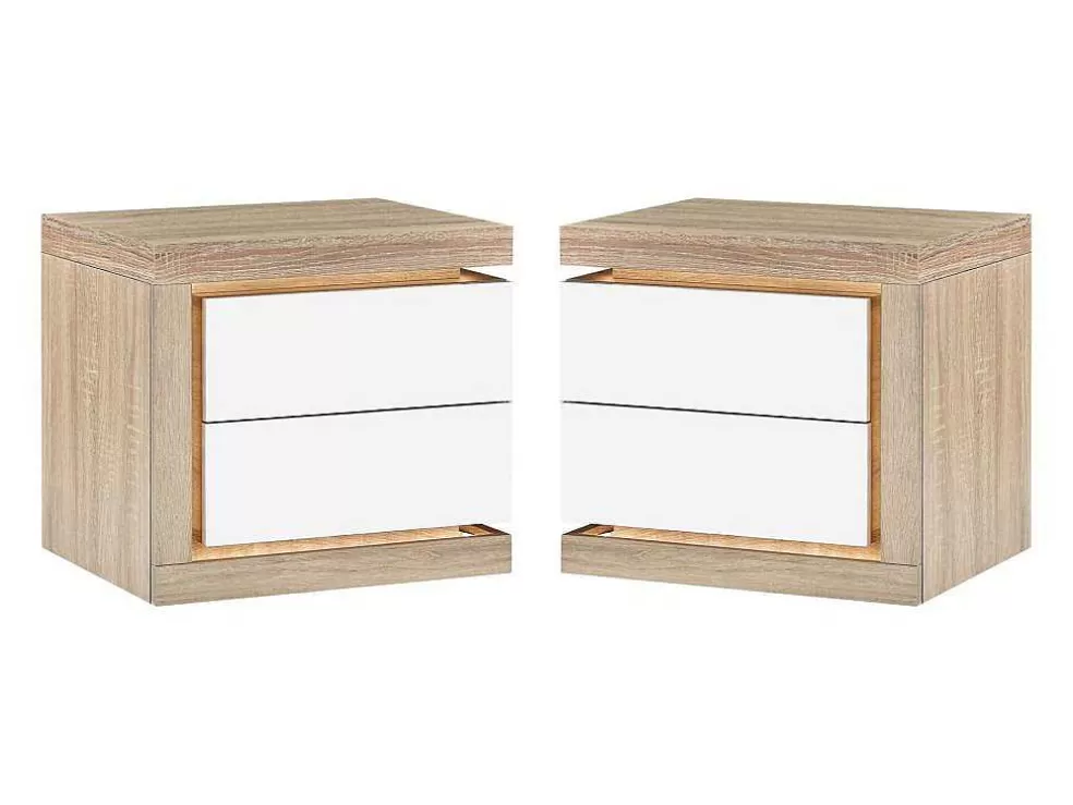 Vente-unique Conjunto De 2 Mesas De Cabeceira Com 2 Gavetas, Com Leds, Lacado A Branco E Natural - Flarancia* Mesa De Cabeceira
