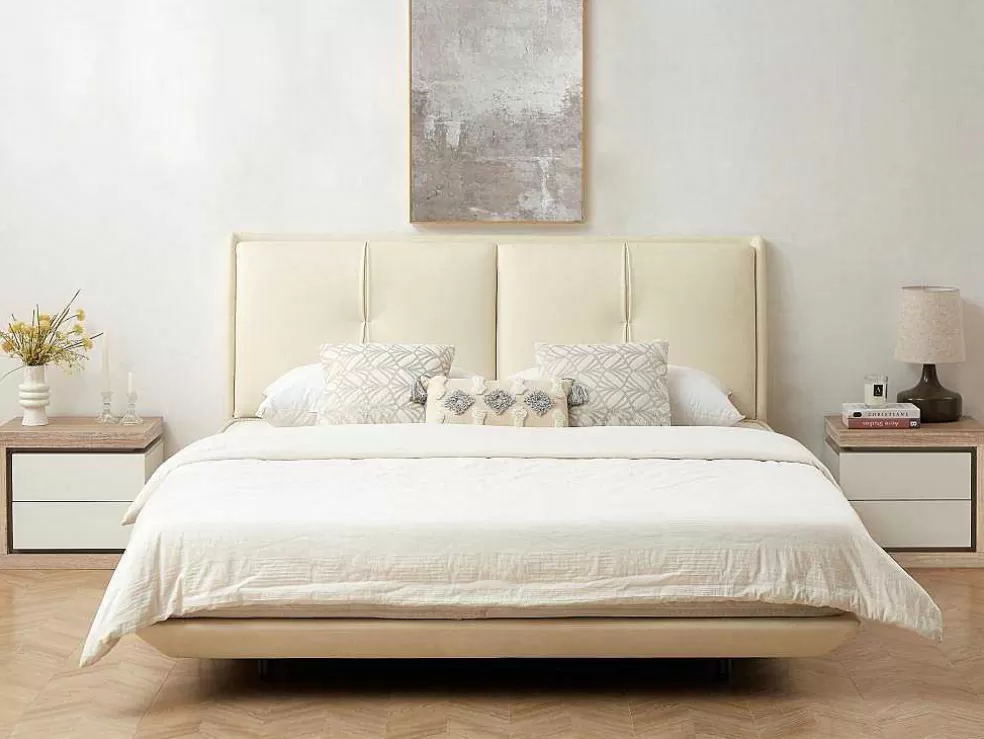 Vente-unique Conjunto De 2 Mesas De Cabeceira Com 2 Gavetas, Com Leds, Lacado A Branco E Natural - Flarancia* Mesa De Cabeceira