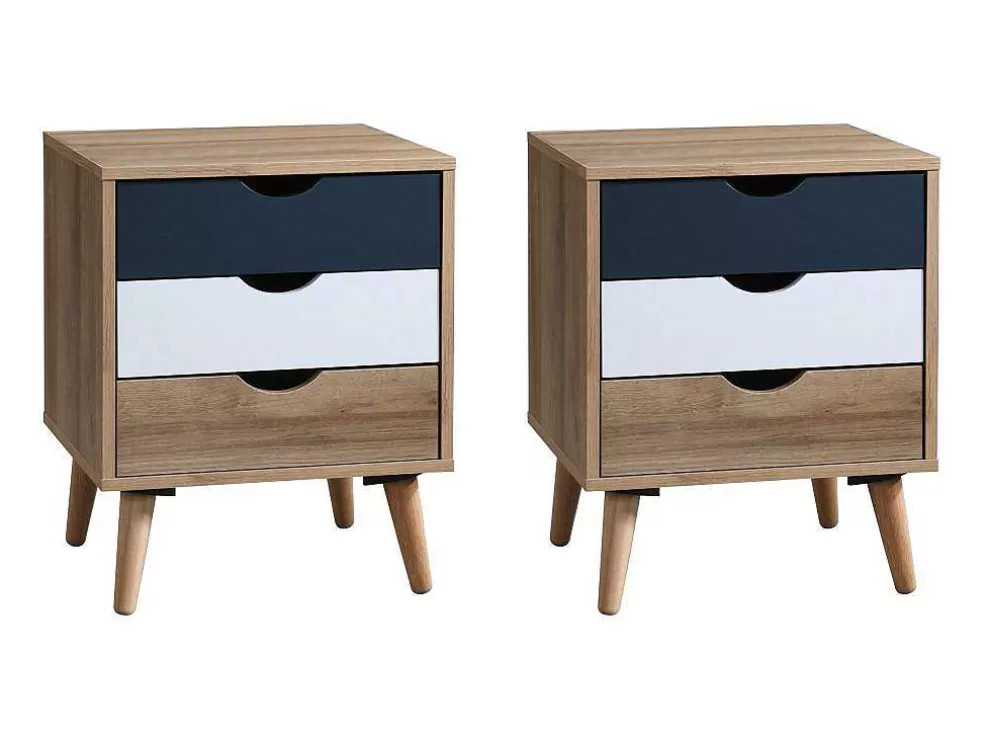 Vente-unique Conjunto De 2 Mesas De Cabeceira Com 3 Gavetas Cores Natural, Branco E Azul-Marinho - Lurvia* Móvel Para Quarto De Crianças