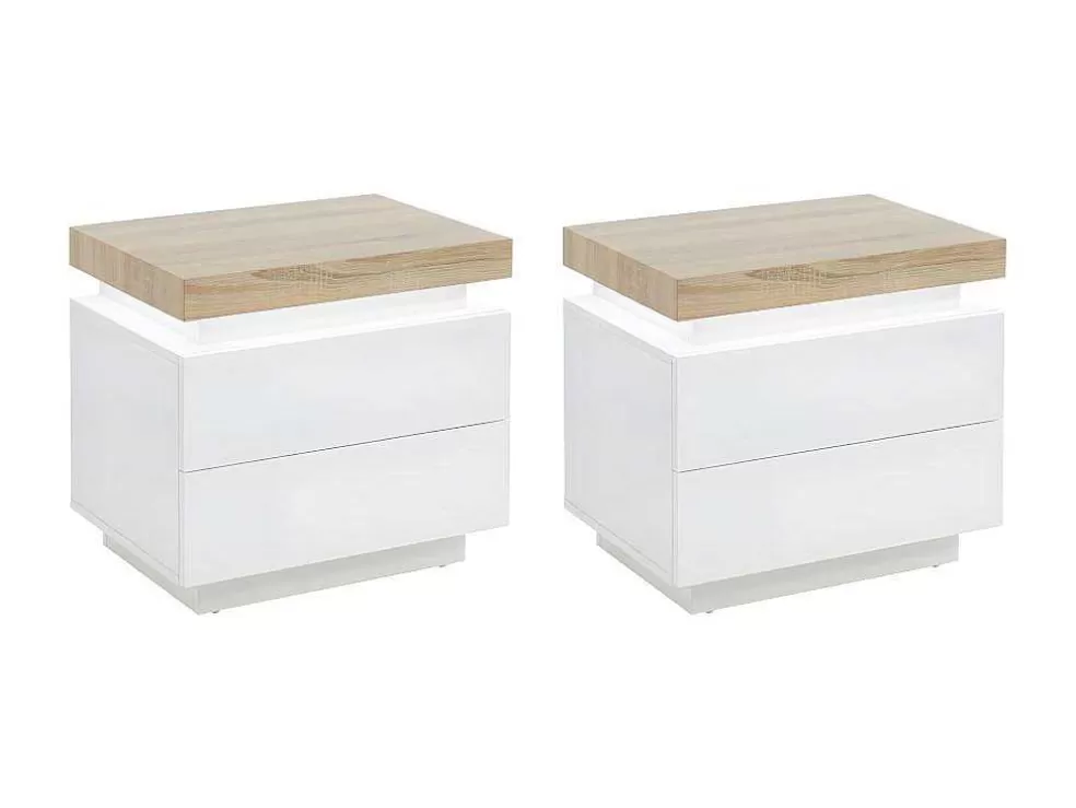 Vente-unique Conjunto De 2 Mesas De Cabeceira Com 2 Gavetas Mdf Lacado, Leds, Cor Branco E Carvalho - Halo Ii* Mesa De Cabeceira