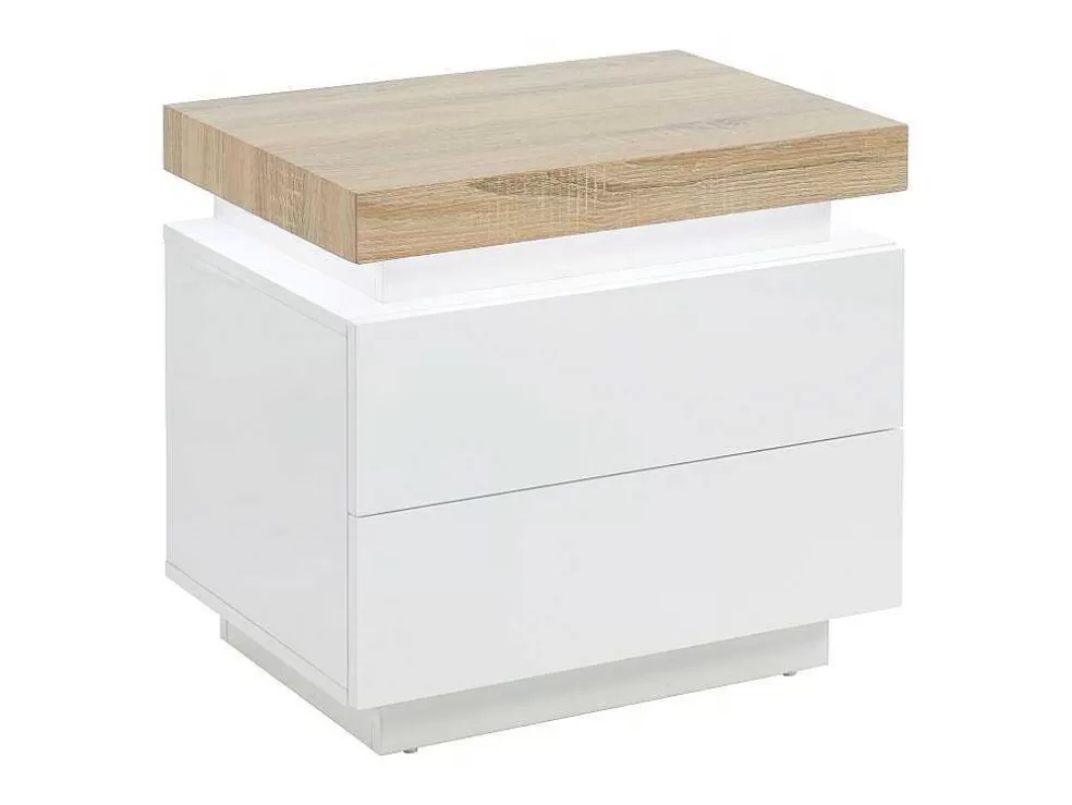 Vente-unique Conjunto De 2 Mesas De Cabeceira Com 2 Gavetas Mdf Lacado, Leds, Cor Branco E Carvalho - Halo Ii* Mesa De Cabeceira