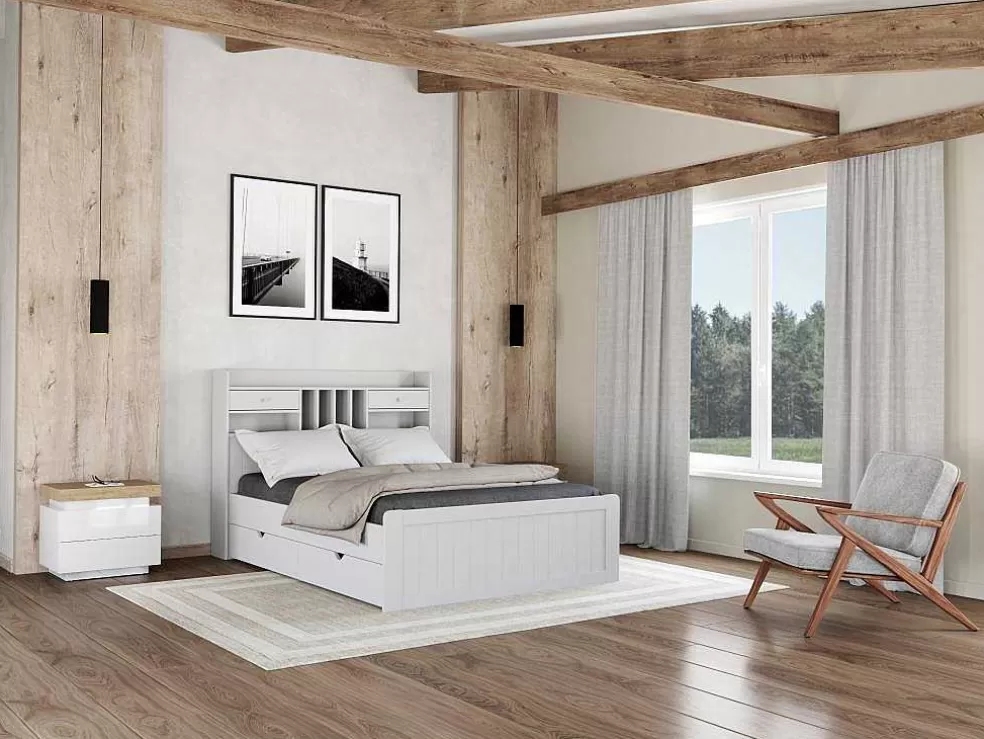 Vente-unique Conjunto De 2 Mesas De Cabeceira Com 2 Gavetas Mdf Lacado, Leds, Cor Branco E Carvalho - Halo Ii* Mesa De Cabeceira