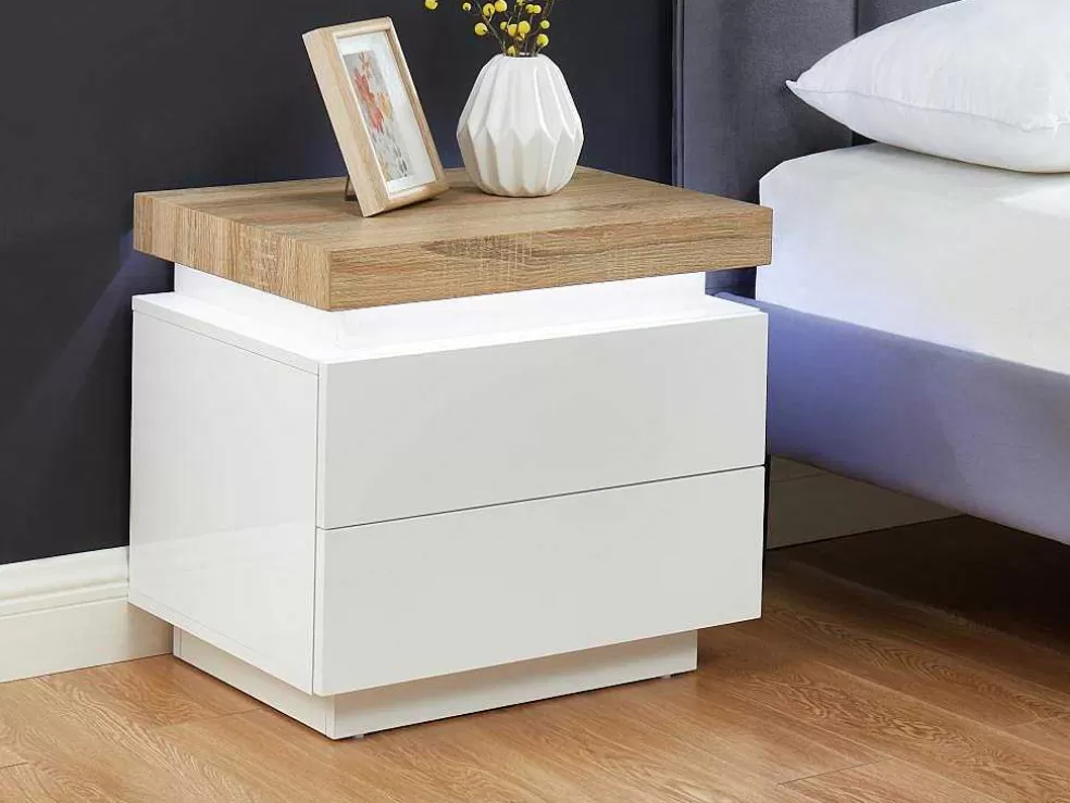 Vente-unique Conjunto De 2 Mesas De Cabeceira Com 2 Gavetas Mdf Lacado, Leds, Cor Branco E Carvalho - Halo Ii* Mesa De Cabeceira