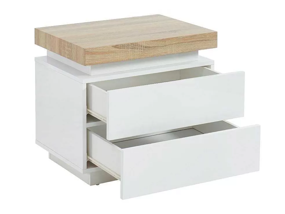 Vente-unique Conjunto De 2 Mesas De Cabeceira Com 2 Gavetas Mdf Lacado, Leds, Cor Branco E Carvalho - Halo Ii* Mesa De Cabeceira