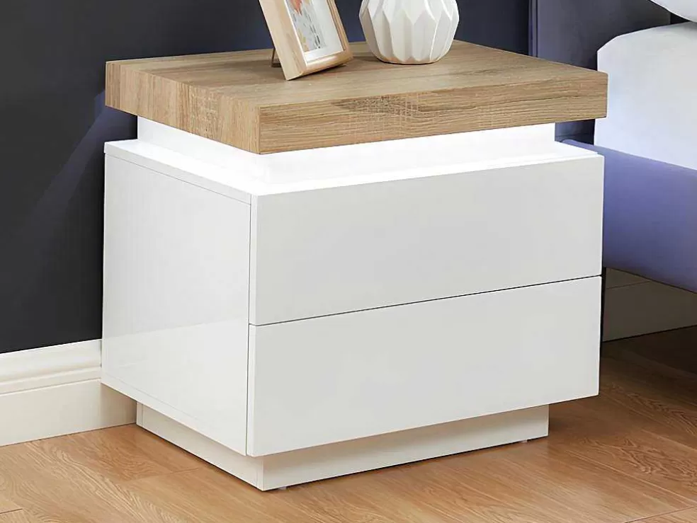 Vente-unique Conjunto De 2 Mesas De Cabeceira Com 2 Gavetas Mdf Lacado, Leds, Cor Branco E Carvalho - Halo Ii* Mesa De Cabeceira