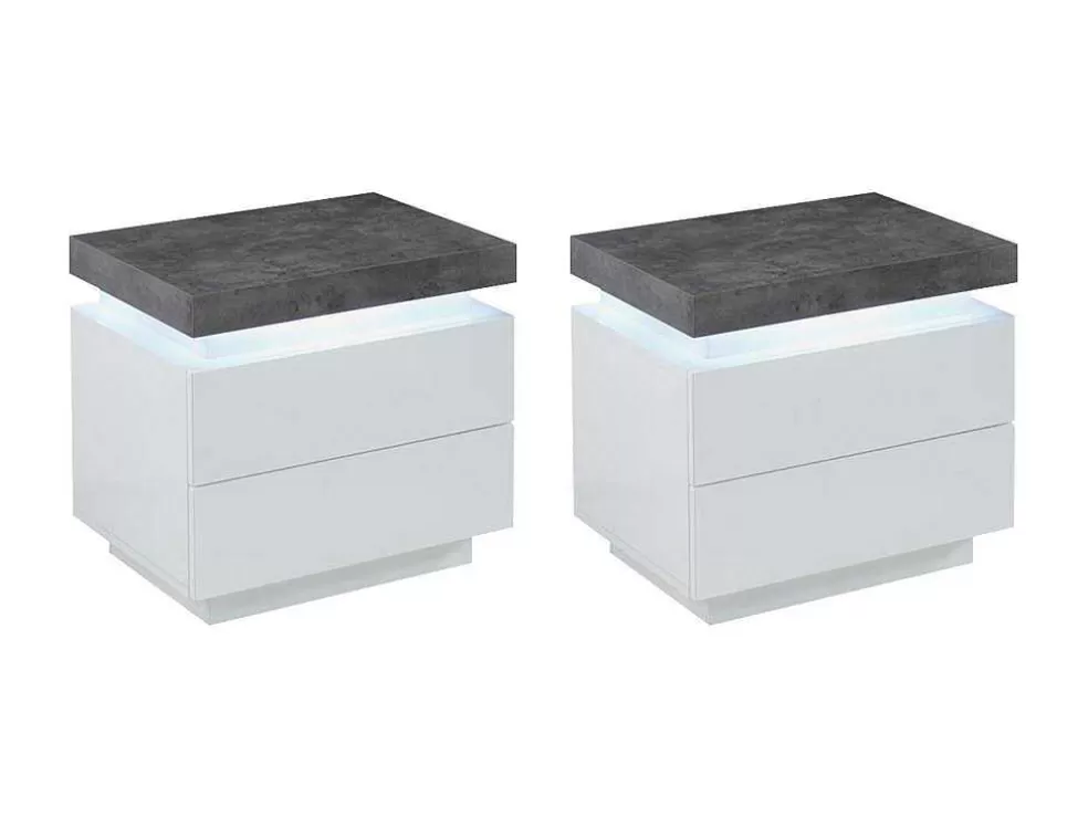 Vente-unique Conjunto De 2 Mesas De Cabeceira Com 2 Gavetas Mdf Lacado, Leds, Cor Branco E Cinzento-Cimento - Halo Ii* Mesa De Cabeceira