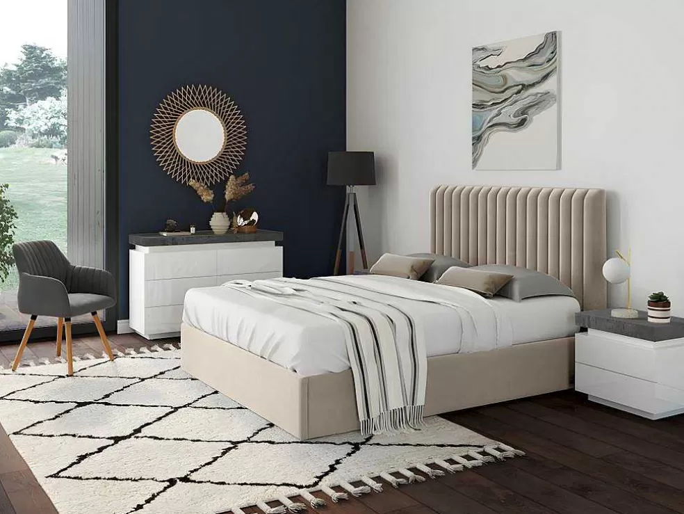Vente-unique Conjunto De 2 Mesas De Cabeceira Com 2 Gavetas Mdf Lacado, Leds, Cor Branco E Cinzento-Cimento - Halo Ii* Mesa De Cabeceira