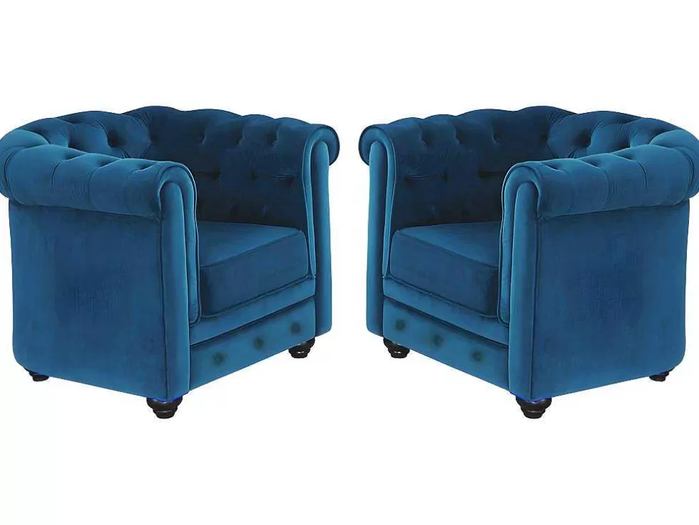 Vente-unique Conjunto De 2 Poltronas Chesterfield - Veludo Azul Esverdeado* Poltrona Em Veludo