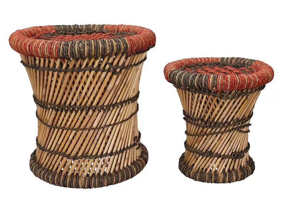 Vente-unique Conjunto De 2 Pufes Redondos Em Rotim Natural Claro E Vermelho - Mirtaka* Puff