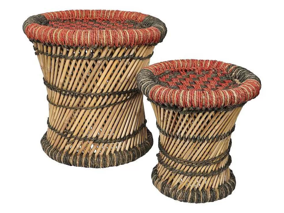 Vente-unique Conjunto De 2 Pufes Redondos Em Rotim Natural Claro E Vermelho - Mirtaka* Puff