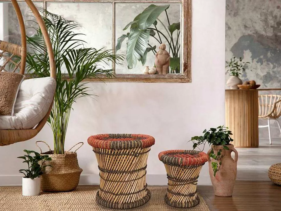 Vente-unique Conjunto De 2 Pufes Redondos Em Rotim Natural Claro E Vermelho - Mirtaka* Puff