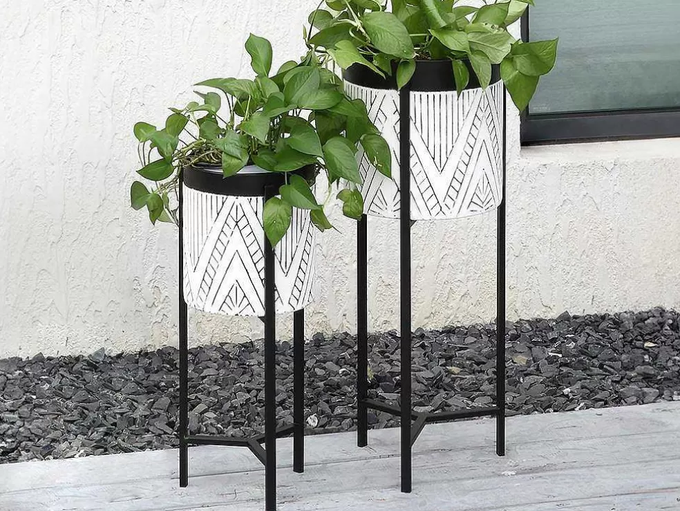 OZAIA Conjunto De 2 Vasos De Ornamentacao Com Suporte Em Metal D. 20 X A. 53 Cm E D. 25 X A. 69 Cm Preto E Branco - Capoli* Promoções Decoração