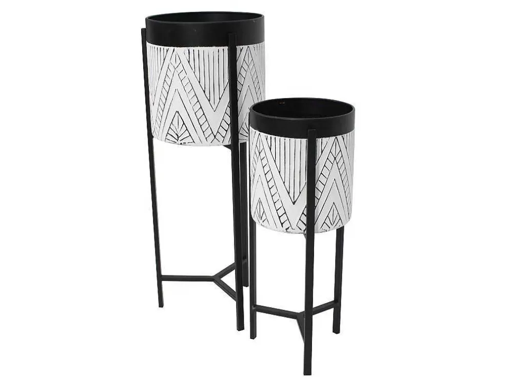 OZAIA Conjunto De 2 Vasos De Ornamentacao Com Suporte Em Metal D. 20 X A. 53 Cm E D. 25 X A. 69 Cm Preto E Branco - Capoli* Promoções Decoração