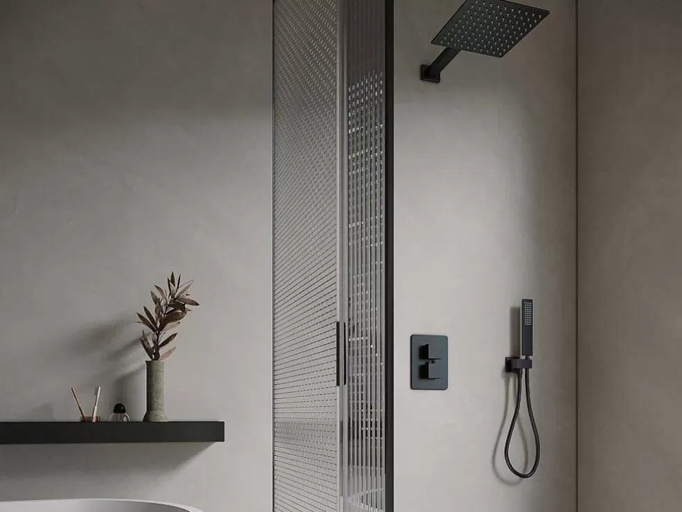 Shower & Design Conjunto De Duche Encastravel Com Torneira Misturadora Termostatica E Suporte De Parede Fixo Preto Mate - Terek* Coluna De Duche