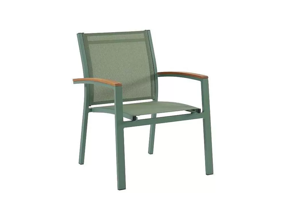 MYLIA Conjunto De Jantar De Jardim Em Aluminio, Mesa Extensivel 180/240Cm, 6 Cadeiroes Empilhaveis Com Apoios De Bracos Em Acacia Verde-Amendoa - Nauru* Conjunto Mesa E Cadeiras De Jardim
