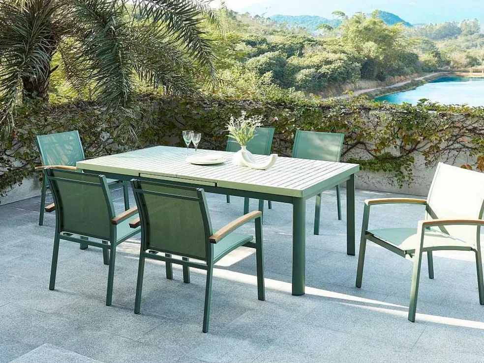 MYLIA Conjunto De Jantar De Jardim Em Aluminio, Mesa Extensivel 180/240Cm, 6 Cadeiroes Empilhaveis Com Apoios De Bracos Em Acacia Verde-Amendoa - Nauru* Conjunto Mesa E Cadeiras De Jardim