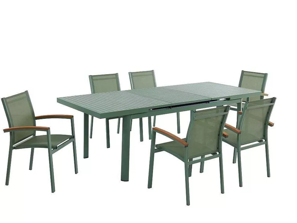 MYLIA Conjunto De Jantar De Jardim Em Aluminio, Mesa Extensivel 180/240Cm, 6 Cadeiroes Empilhaveis Com Apoios De Bracos Em Acacia Verde-Amendoa - Nauru* Conjunto Mesa E Cadeiras De Jardim