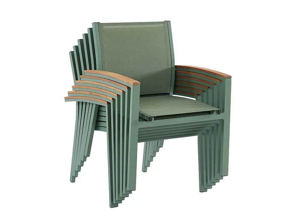 MYLIA Conjunto De Jantar De Jardim Em Aluminio, Mesa Extensivel 180/240Cm, 6 Cadeiroes Empilhaveis Com Apoios De Bracos Em Acacia Verde-Amendoa - Nauru* Conjunto Mesa E Cadeiras De Jardim