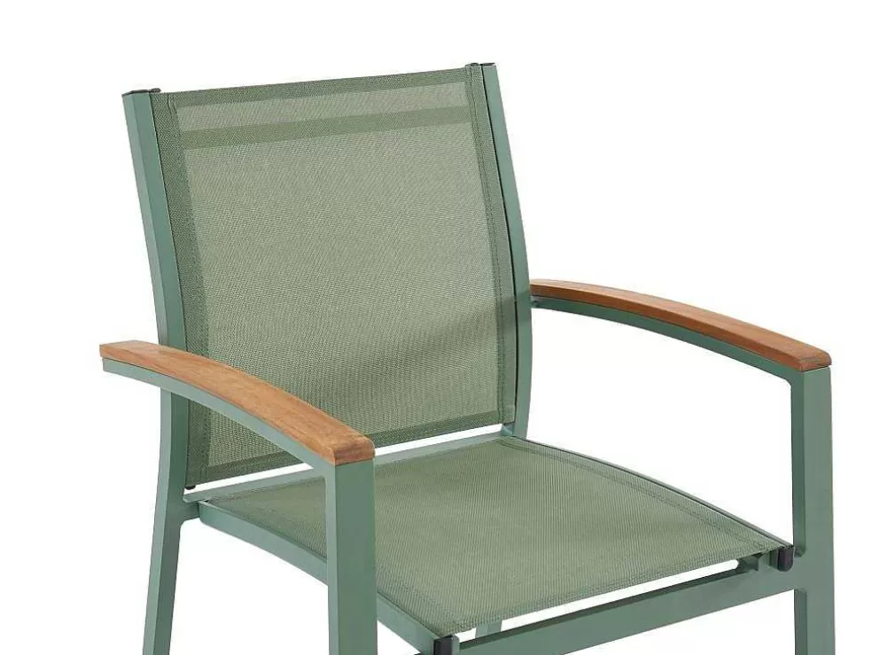 MYLIA Conjunto De Jantar De Jardim Em Aluminio, Uma Mesa Extensivel 180/240 Cm E 8 Cadeiroes Empilhaveis Com Apoios De Braco Em Acacia Verde-Amendoa - Nauru* Conjunto Mesa E Cadeiras De Jardim