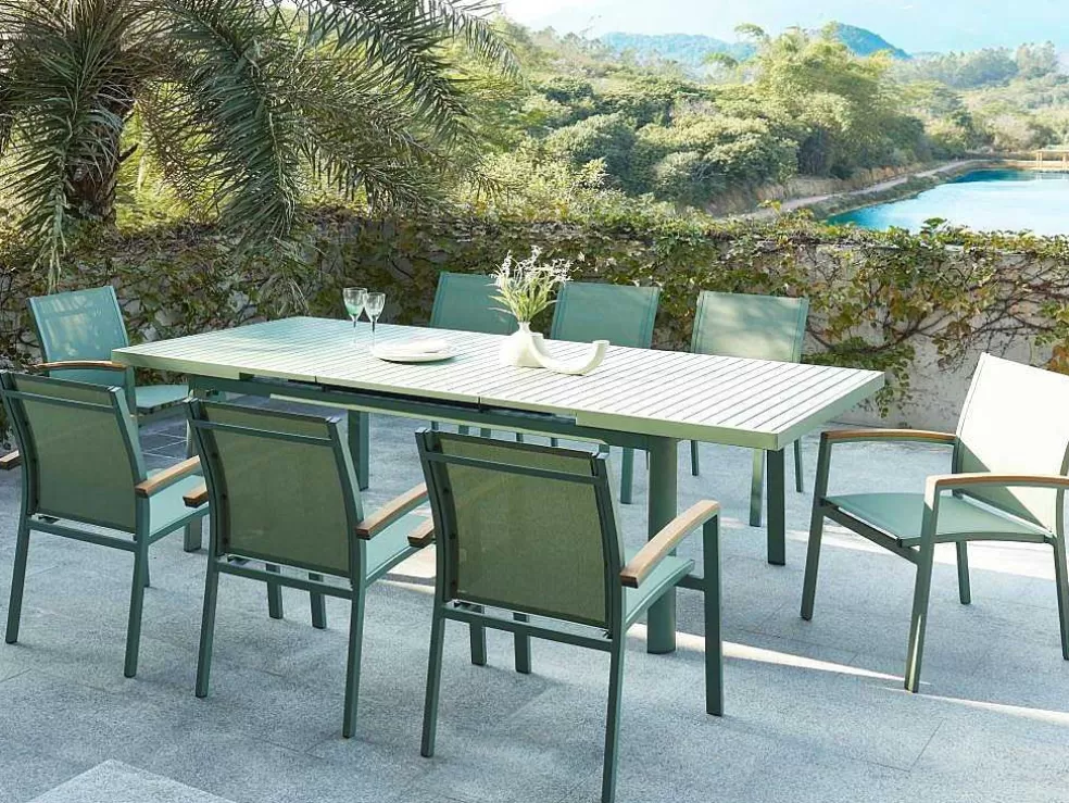 MYLIA Conjunto De Jantar De Jardim Em Aluminio, Uma Mesa Extensivel 180/240 Cm E 8 Cadeiroes Empilhaveis Com Apoios De Braco Em Acacia Verde-Amendoa - Nauru* Conjunto Mesa E Cadeiras De Jardim