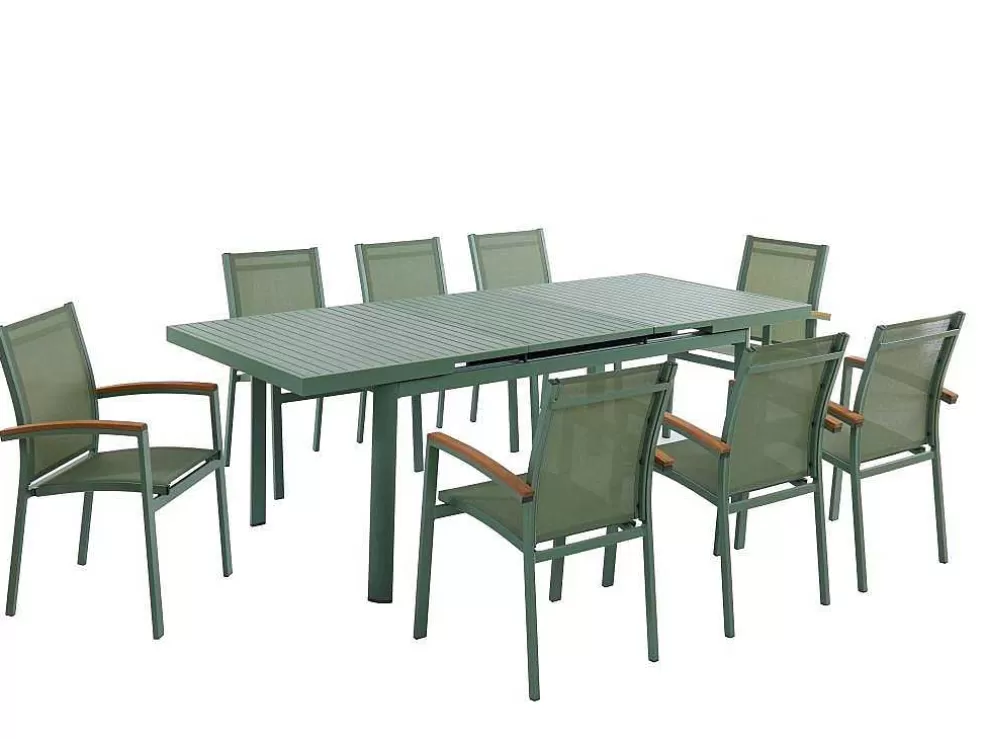 MYLIA Conjunto De Jantar De Jardim Em Aluminio, Uma Mesa Extensivel 180/240 Cm E 8 Cadeiroes Empilhaveis Com Apoios De Braco Em Acacia Verde-Amendoa - Nauru* Conjunto Mesa E Cadeiras De Jardim