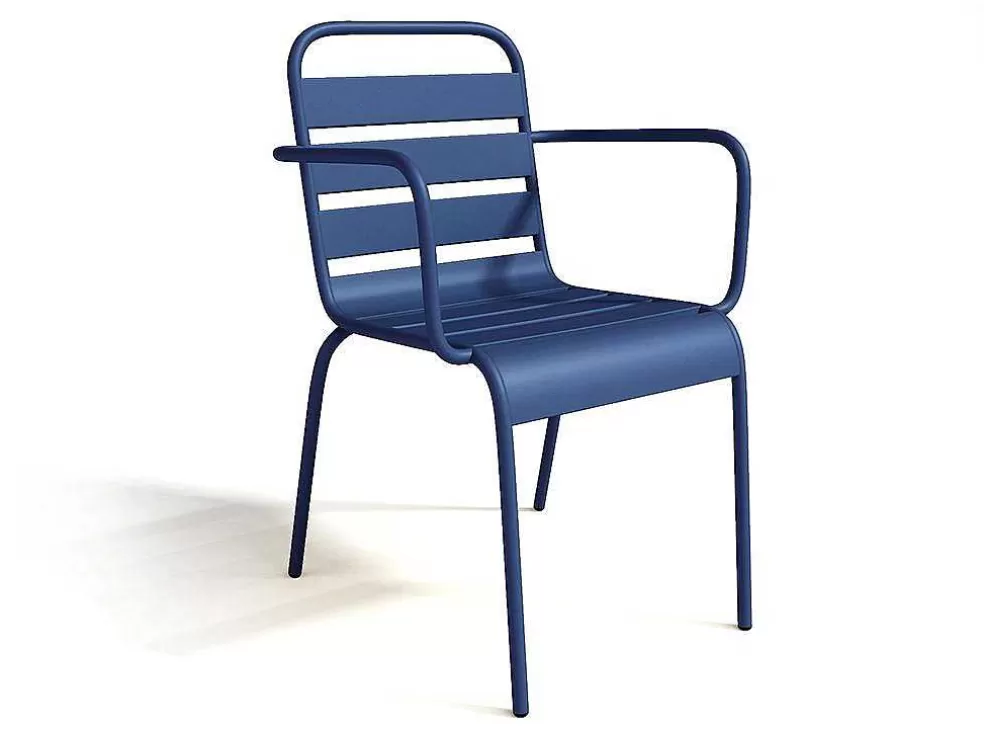 MYLIA Conjunto De Jantar De Jardim Em Metal, Uma Mesa C. 160 Cm Com 2 Cadeiroes Empilhaveis E 4 Cadeiras Empilhaveis Azul-Escuro - Mirmande* Conjunto Mesa E Cadeiras De Jardim