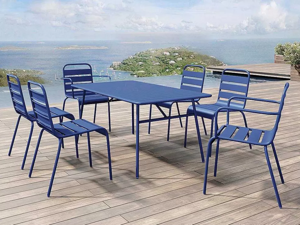MYLIA Conjunto De Jantar De Jardim Em Metal, Uma Mesa C. 160 Cm Com 2 Cadeiroes Empilhaveis E 4 Cadeiras Empilhaveis Azul-Escuro - Mirmande* Conjunto Mesa E Cadeiras De Jardim