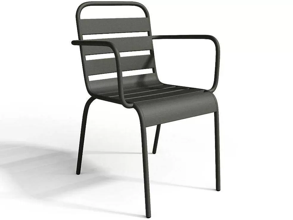 MYLIA Conjunto De Jantar De Jardim Em Metal, Uma Mesa C. 160 Cm Com 2 Cadeiroes Empilhaveis E 4 Cadeiras Empilhaveis, Cinzento-Escuro - Mirmande* Conjunto Mesa E Cadeiras De Jardim