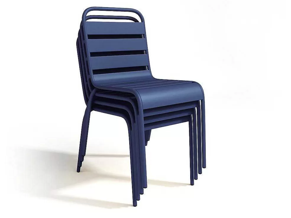 MYLIA Conjunto De Jantar De Jardim Em Metal, Uma Mesa D. 110 Cm E 4 Cadeiras Empilhaveis Azul-Escuro - Mirmande* Conjunto Mesa E Cadeiras De Jardim