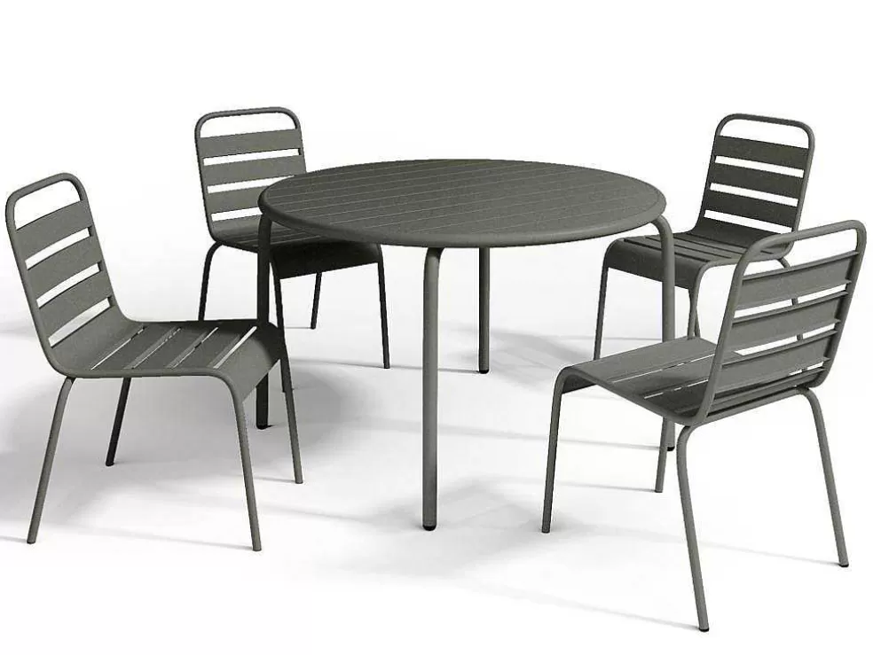 MYLIA Conjunto De Jantar De Jardim Em Metal, Uma Mesa D. 110 Cm E 4 Cadeiras Empilhaveis, Cinzento-Escuro - Mirmande* Conjunto Mesa E Cadeiras De Jardim