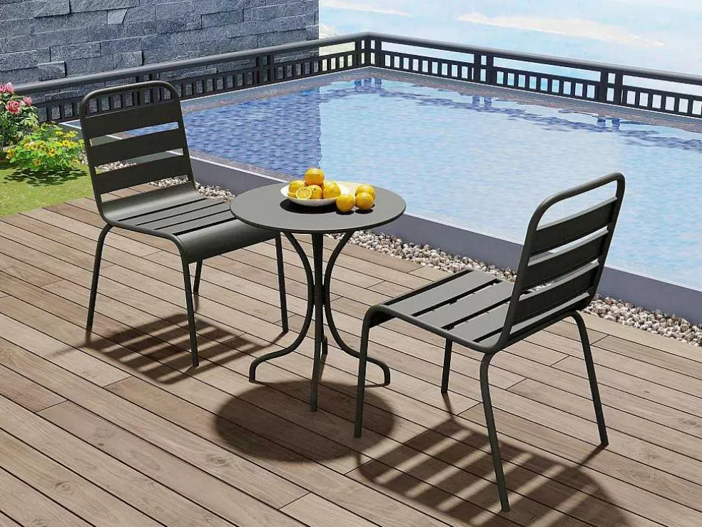 MYLIA Conjunto De Jantar De Jardim Em Metal, Uma Mesa D. 60 Cm E 2 Cadeiras Empilhaveis, Cinzento-Escuro - Mirmande* Conjunto Mesa E Cadeiras De Jardim