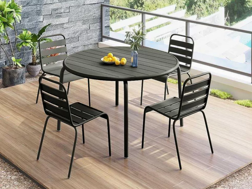 MYLIA Conjunto De Jantar De Jardim Em Metal, Uma Mesa D. 110 Cm E 4 Cadeiras Empilhaveis, Cinzento-Escuro - Mirmande* Conjunto Mesa E Cadeiras De Jardim