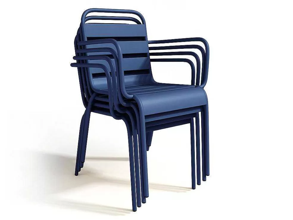 MYLIA Conjunto De Jantar De Jardim Em Metal, Uma Mesa D. 110 Cm E 4 Cadeiroes Empilhaveis Azul-Escuro - Mirmande* Conjunto Mesa E Cadeiras De Jardim