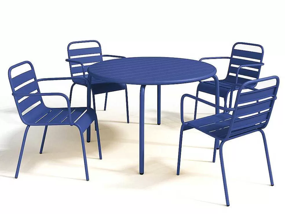 MYLIA Conjunto De Jantar De Jardim Em Metal, Uma Mesa D. 110 Cm E 4 Cadeiroes Empilhaveis Azul-Escuro - Mirmande* Conjunto Mesa E Cadeiras De Jardim