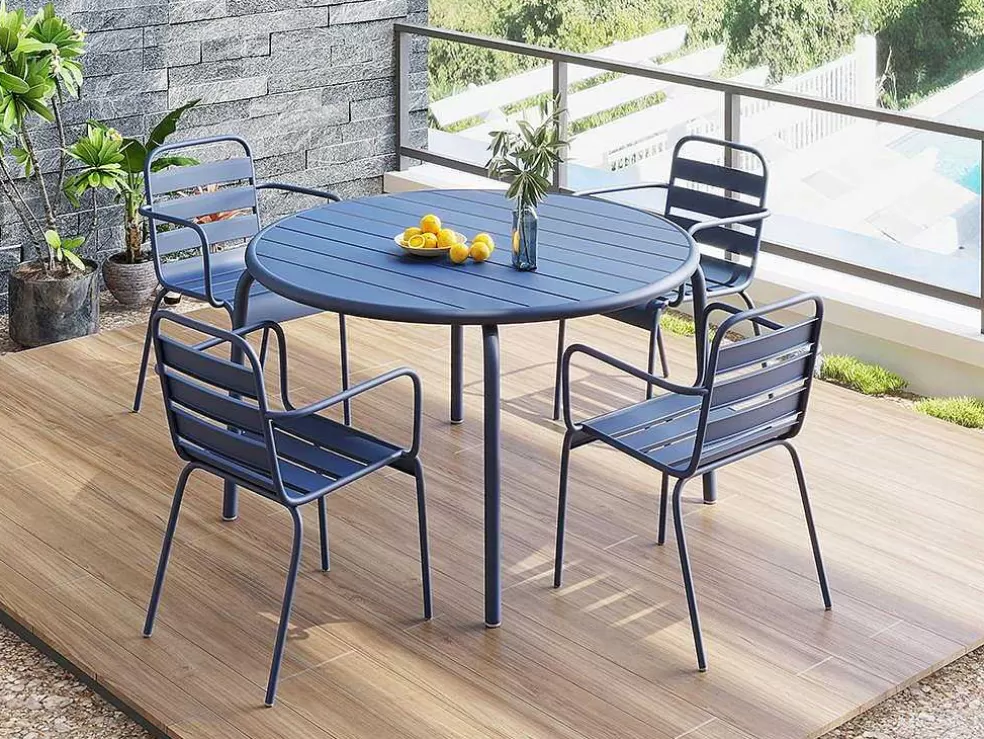 MYLIA Conjunto De Jantar De Jardim Em Metal, Uma Mesa D. 110 Cm E 4 Cadeiroes Empilhaveis Azul-Escuro - Mirmande* Conjunto Mesa E Cadeiras De Jardim