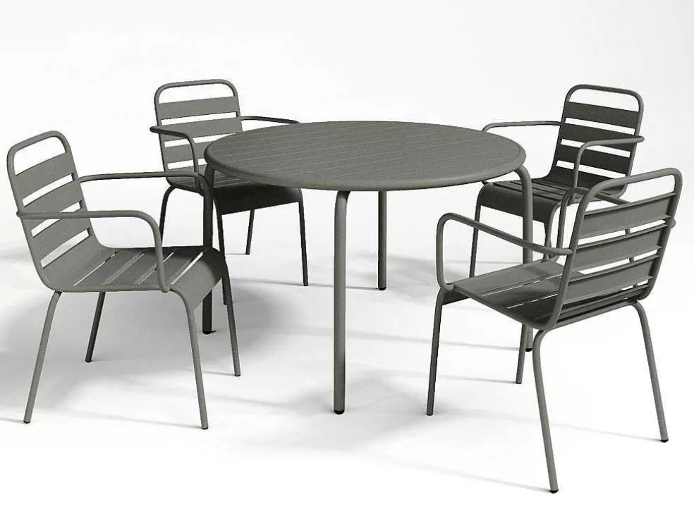 MYLIA Conjunto De Jantar De Jardim Em Metal, Uma Mesa D. 110 Cm E 4 Cadeiroes Empilhaveis, Cinzento-Escuro - Mirmande* Conjunto Mesa E Cadeiras De Jardim