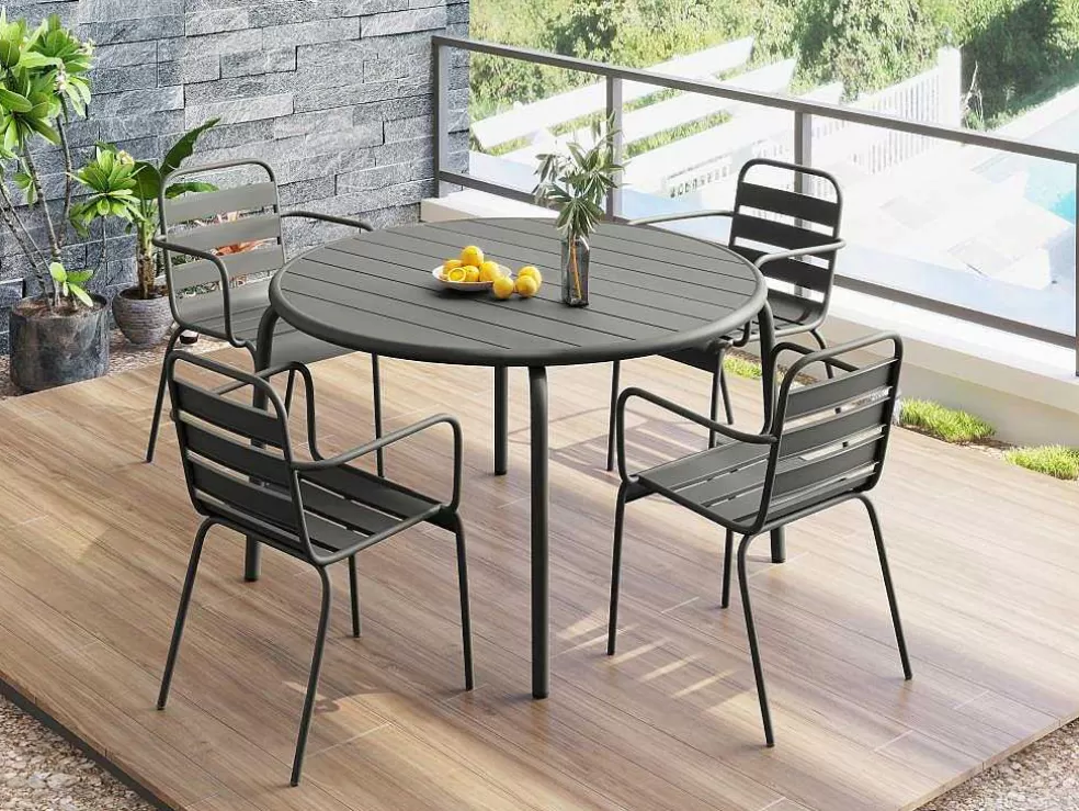 MYLIA Conjunto De Jantar De Jardim Em Metal, Uma Mesa D. 110 Cm E 4 Cadeiroes Empilhaveis, Cinzento-Escuro - Mirmande* Conjunto Mesa E Cadeiras De Jardim