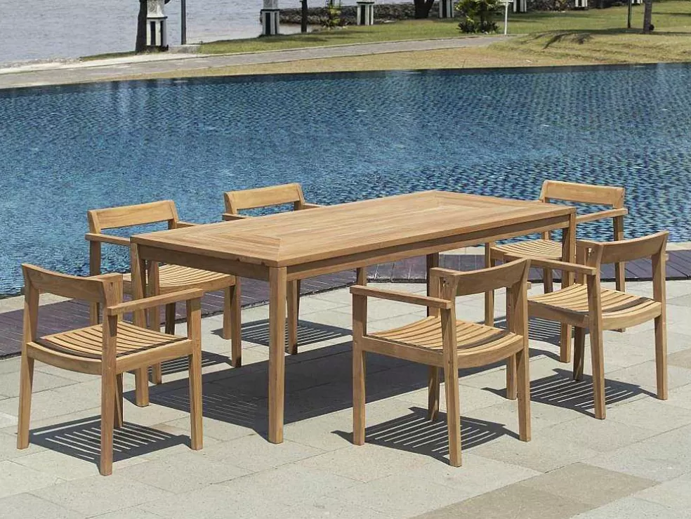 MYLIA Conjunto De Jantar De Jardim Em Teca, 1 Mesa C. 200 Cm + 6 Cadeiroes, Natural Claro - Allende* Conjunto Mesa E Cadeiras De Jardim