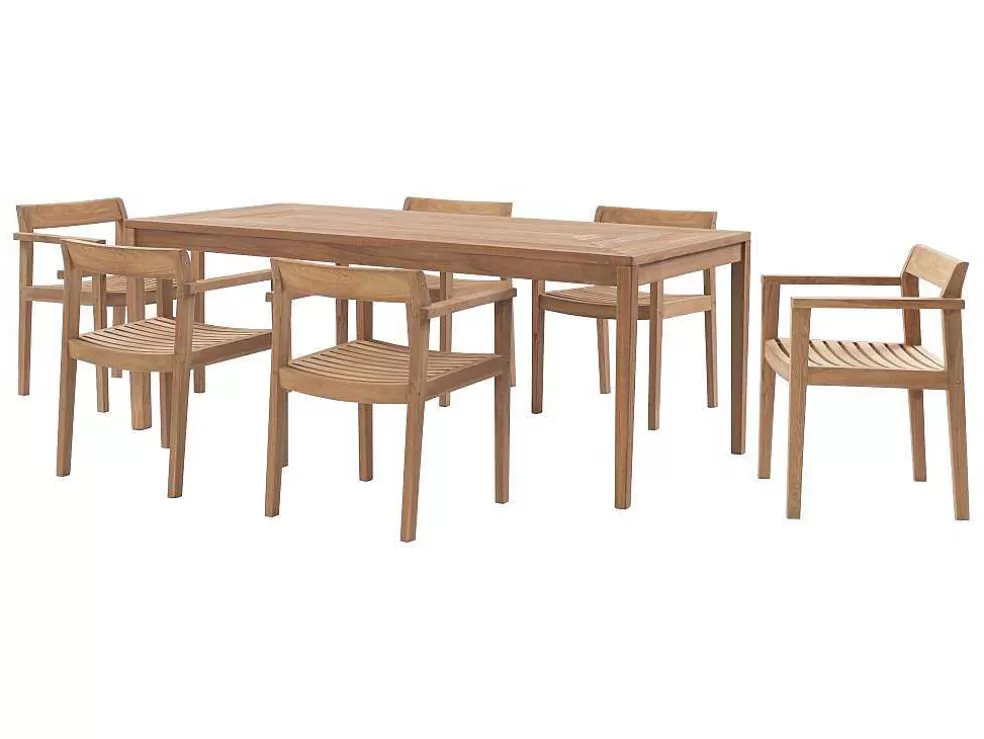 MYLIA Conjunto De Jantar De Jardim Em Teca, 1 Mesa C. 200 Cm + 6 Cadeiroes, Natural Claro - Allende* Conjunto Mesa E Cadeiras De Jardim