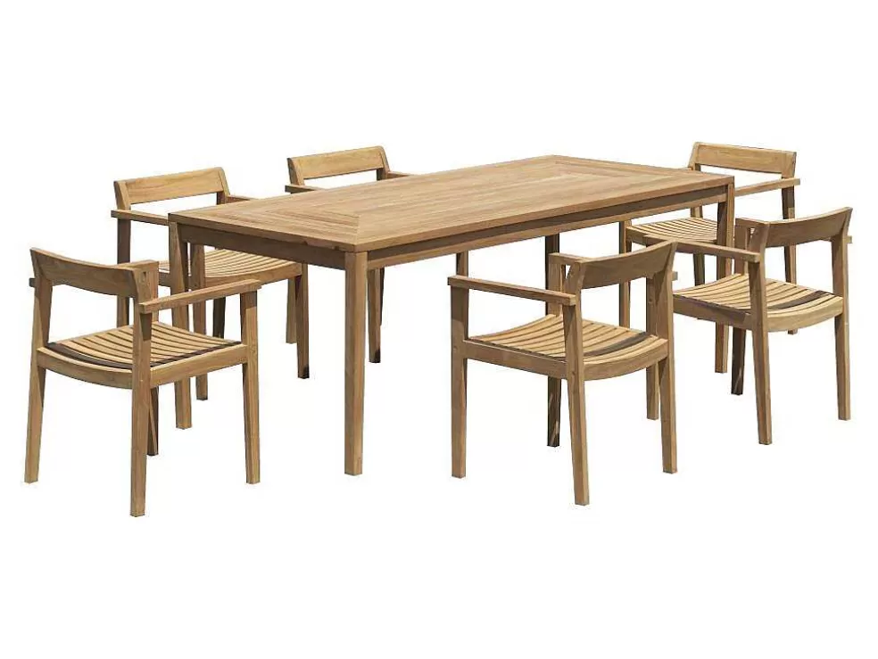 MYLIA Conjunto De Jantar De Jardim Em Teca, 1 Mesa C. 200 Cm + 6 Cadeiroes, Natural Claro - Allende* Conjunto Mesa E Cadeiras De Jardim