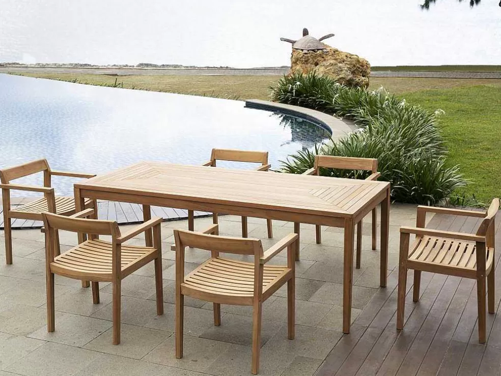 MYLIA Conjunto De Jantar De Jardim Em Teca, 1 Mesa C. 200 Cm + 6 Cadeiroes, Natural Claro - Allende* Conjunto Mesa E Cadeiras De Jardim