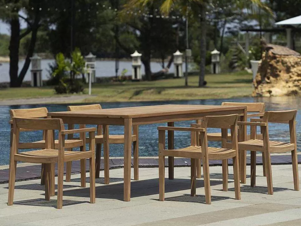 MYLIA Conjunto De Jantar De Jardim Em Teca, 1 Mesa C. 200 Cm + 6 Cadeiroes, Natural Claro - Allende* Conjunto Mesa E Cadeiras De Jardim