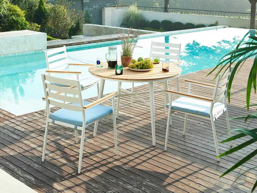 MYLIA Conjunto De Jantar De Jardim Madeira E Aluminio: Uma Mesa D.110 Cm E 4 Cadeiroes, Branco E Natural Claro - Miami De * Conjunto Mesa E Cadeiras De Jardim